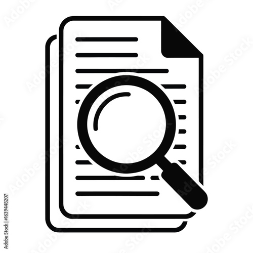 Magnifying glass over document icon symbolizing detailed review and inspection in black and white vector