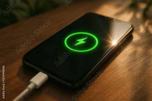 A modern smartphone receives power, displaying a luminous green charging icon on its dark screen