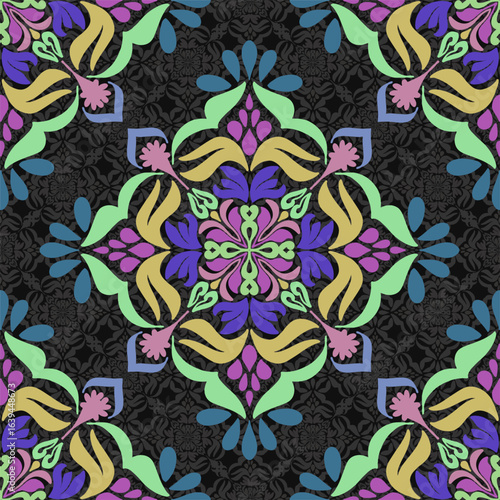 Beautiful, seamless, 3D, multi-colored flowers,