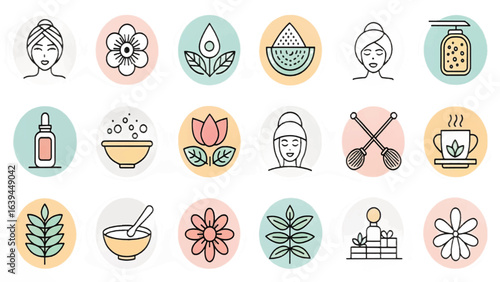 Minimal Wellness and Self-Care Vector Icon Set in Monoline Style

