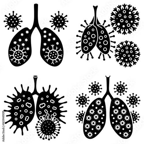 Illustration showing lungs infected with virus particles in different stages of infection disease