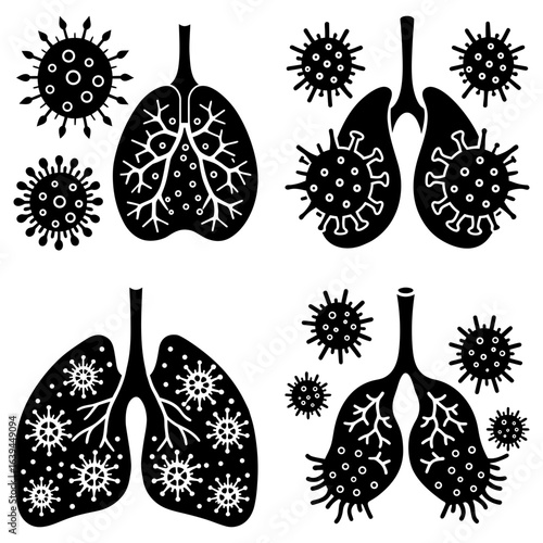 Illustration showing lungs infected with viruses in black and white medical concept for respiratory diseases