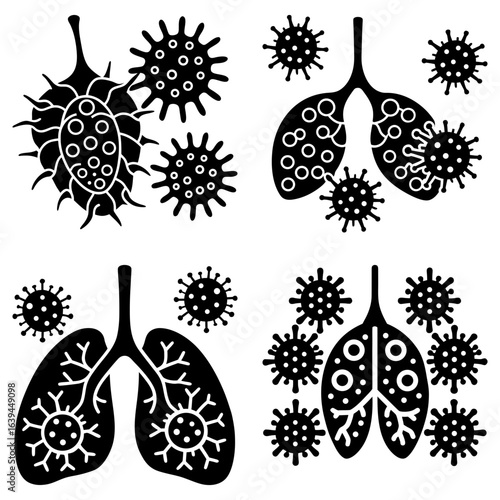 Black and white illustration showing lungs and virus cells representing respiratory infection and disease process
