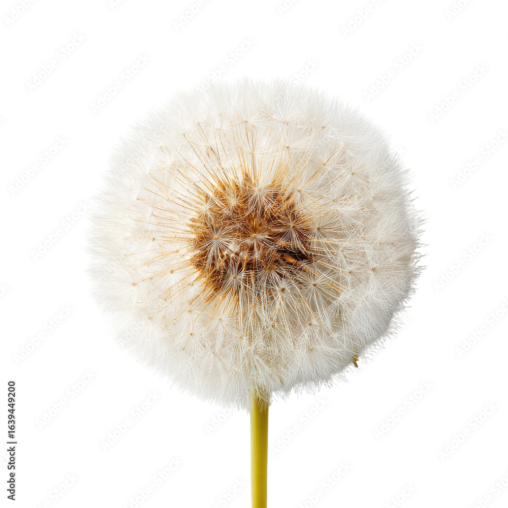 Fototapeta premium Fluffy dandelion seed head, close-up, white background, studio shot, nature detail