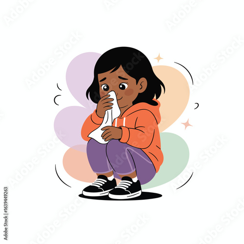 A comforting cartoon illustration of a young girl with a cold feeling unwell and using a tissue.