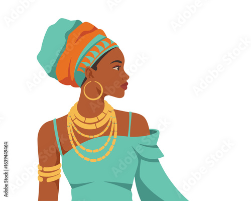 Elegant African woman in a traditional headwrap and gold jewelry, vector illustration
