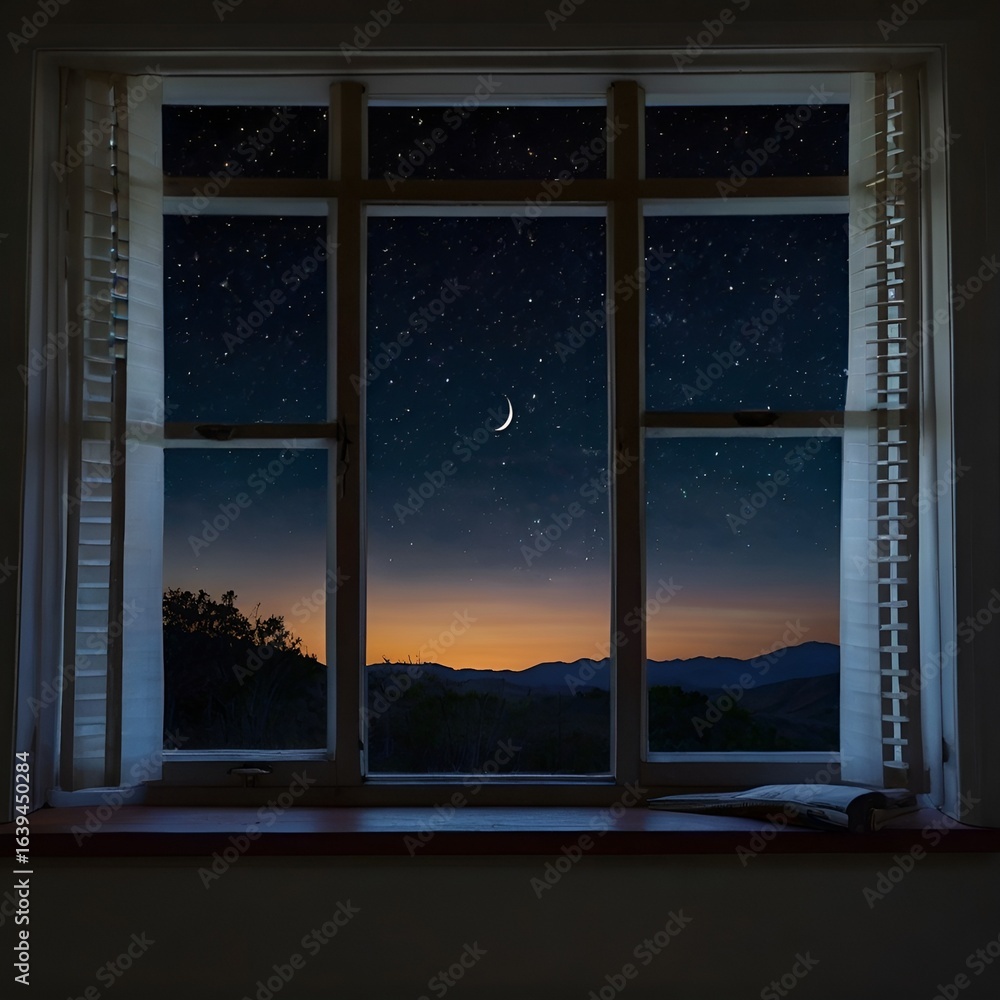 Fototapeta premium Crescent moon and stars through open window
