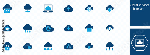 Cloud services icon set. Cloud computing, storage, hosting, sync, data transfer, cloud server, network, online, SAAS, digital and more.