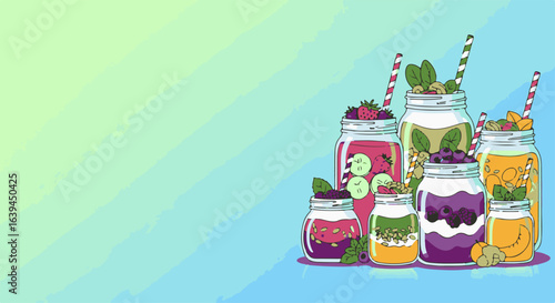 Refreshing beverages in colorful jars filled with fruity drinks ready for summer parties. Vibrant drinks include berry, citrus, and herbal flavors served in mason jars.