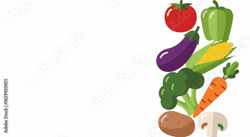 Colorful assortment of fresh vegetables including tomato, green pepper, eggplant, corn, carrot, broccoli, mushroom, and potato.