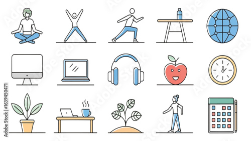 Minimal Wellness and Self-Care Vector Icon Set in Monoline Style

