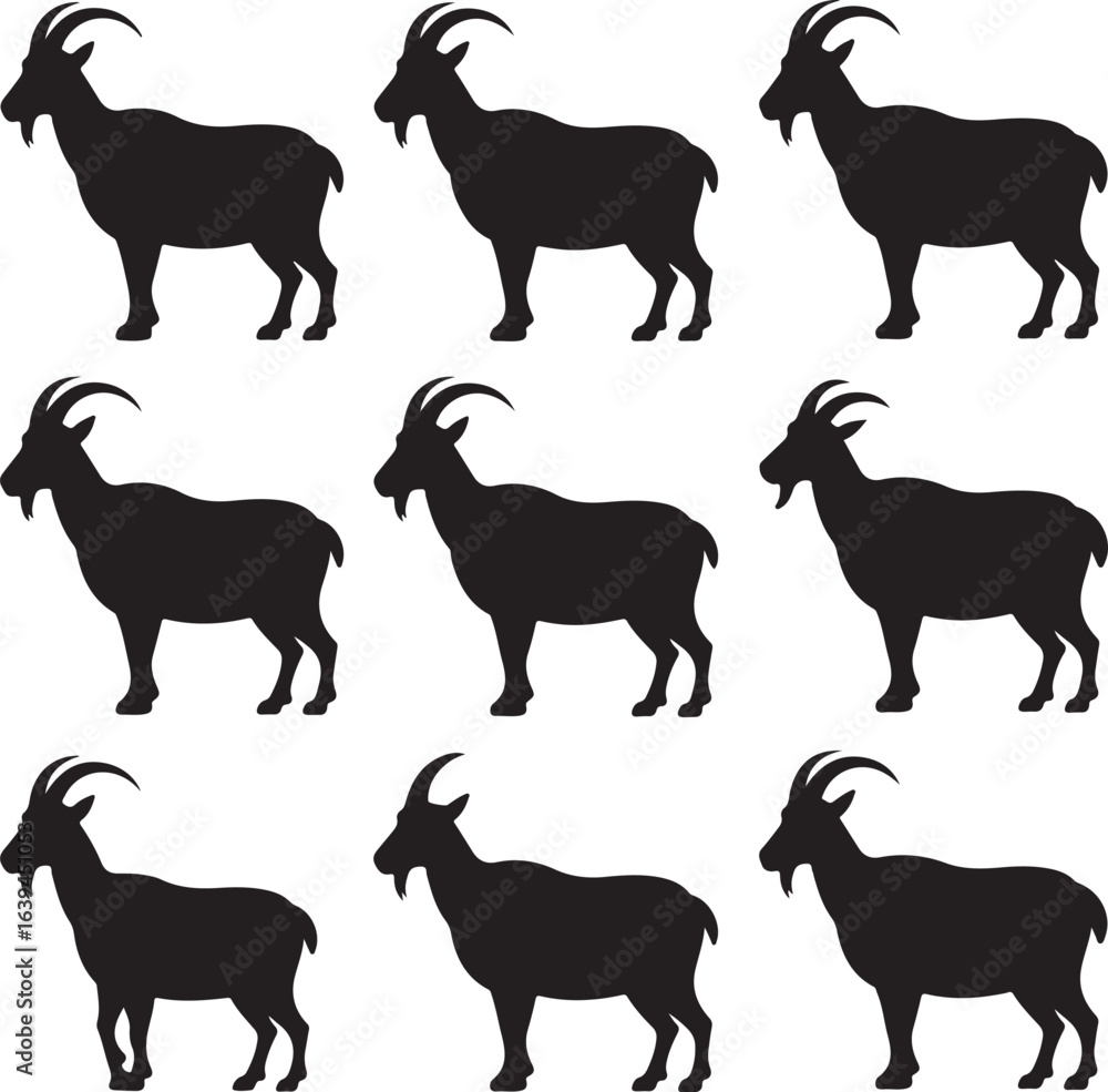 Fototapeta premium Nine black goat silhouettes arranged in a grid on a white background arrangement