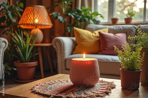 Cozy living room with candlelit atmosphere and indoor plants