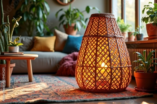 Cozy living room with woven lamp and indoor plants in natural light