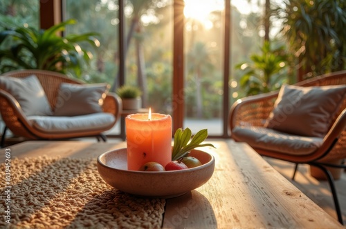 Cozy sunlit room with candlelit table and wicker furniture in a serene setting