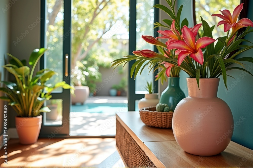 Fototapeta premium Sunlit room with vibrant pink lily bouquet and poolside view