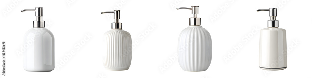 Obraz premium White Ceramic Soap Dispenser Set - Modern Bathroom Accessories on White Background