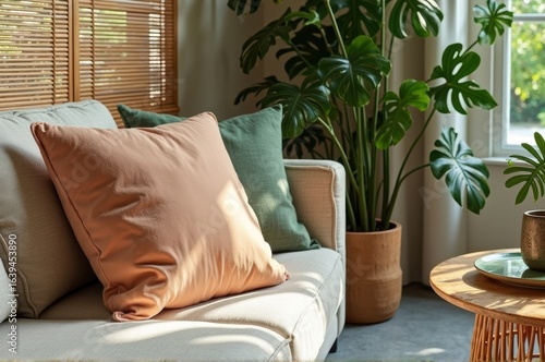 Cozy living room with sofa, greenery, and sunlight through blinds