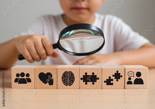 ssessing soft skills and human potential. A child analyzes icons for teamwork, empathy, and problem-solving on wooden blocks. A concept for talent development and emotional intelligence.