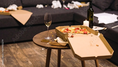 Leftover Pizza, Wine, and Candle on Messy Table After Party