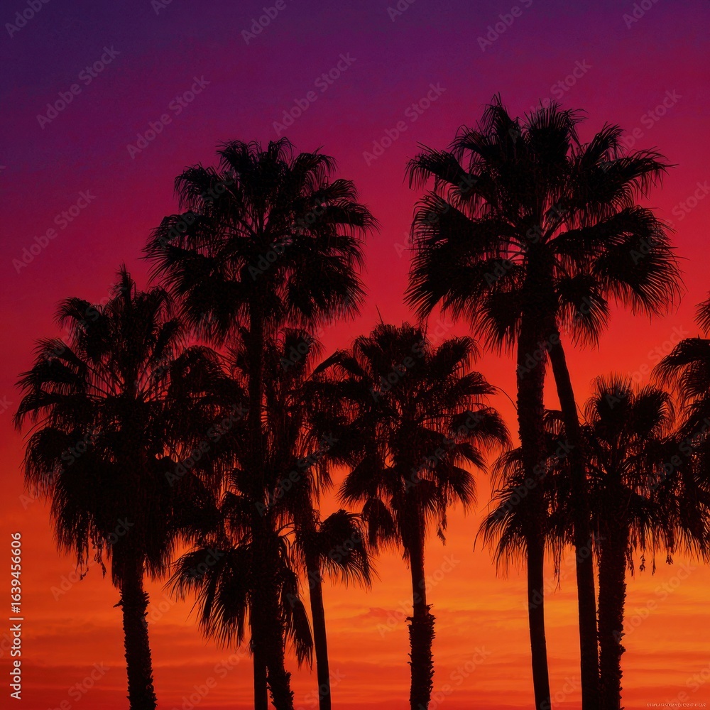 Obraz premium Vibrant sunset silhouettes palm trees tropical beach