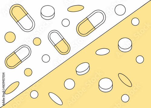 Illustration of various pills and capsules isolated on white background, showcasing pharmaceutical drugs and medication for health and wellness