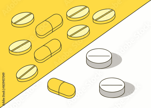 Illustration of various pills and capsules isolated on white background, showcasing pharmaceutical drugs and medication for health and wellness