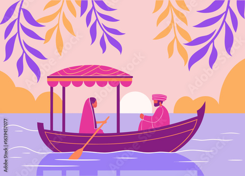 A romantic shikara ride on dal lake in kashmir, india, with a couple enjoying the scenic beauty, surrounded by colorful leaves and a peaceful atmosphere, a perfect travel experience