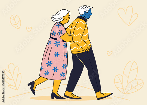 A loving senior couple walking together, enjoying their golden years with support and companionship, a heartwarming illustration of enduring love and care in old age