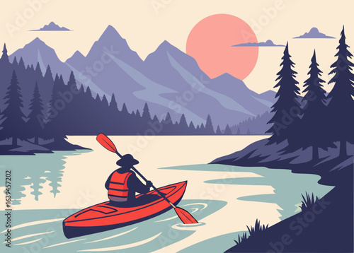 A scenic illustration of a person kayaking on a serene lake surrounded by mountains and forests, ideal for themes of adventure, nature, and outdoor activities