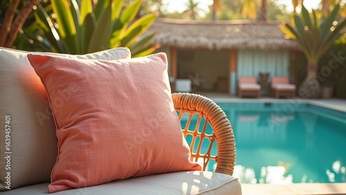 Tranquil poolside with coral pillow and rattan chair in tropical resort