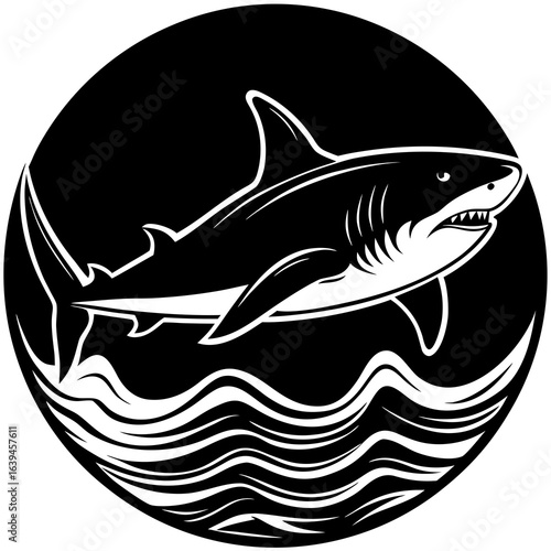 A black and white illustration of a shark swimming in the ocean, with stylized waves, a circular frame, capturing the essence of marine life and the power of the predator
