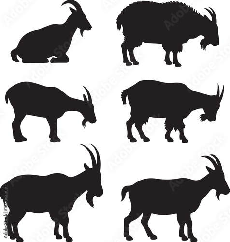 Six Black Goat Silhouettes in Different Poses on White Background animal