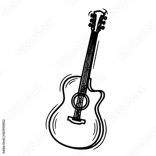 Black and white doodle acoustic guitar icon with detailed strings and classical musical instrument design