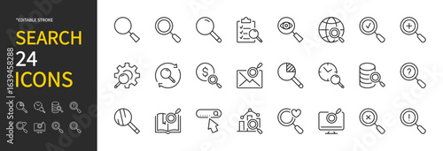 Search icon set. Magnifier, loupe, magnifying glass, zoom, research, seo, magnification, inspection, find symbol. Vector illustration. Editable stroke. Flat design. Isolated on a white background.