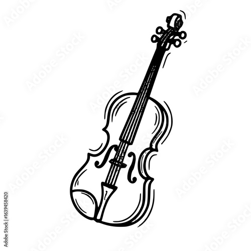 Black and white doodle violin icon with elegant curves and detailed classical string musical instrument design
