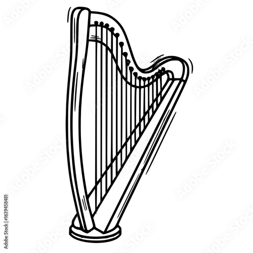 Black and white doodle harp icon with elegant strings and detailed classical musical instrument design