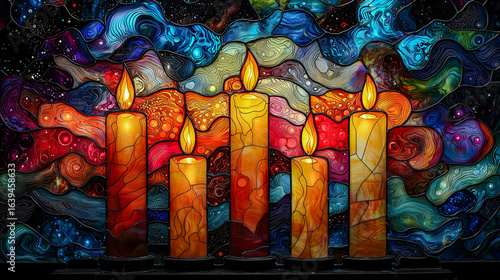 Colorful Stained Glass Texture with Burning Candles, Mindfulness & Wellness Visual, Horizontal Poster or Web Header.Generative AI
