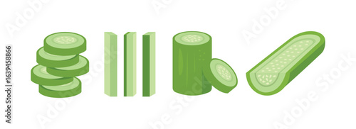 Set of cucumber illustration. cucumber slice. fresh vegetables.