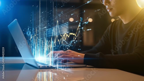 Person using a laptop with a glowing data visualization