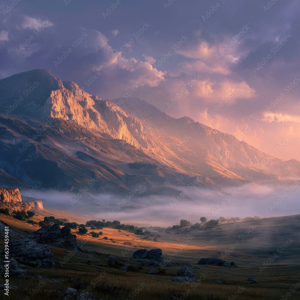 Naklejka premium Sunrise over misty mountain valley, scenic landscape, nature photography, travel postcard