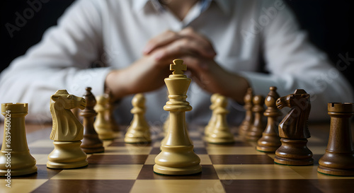 Wallpaper Mural Businessman behind a chessboard contemplating a strategic move, symbolizing corporate competition, tactical planning, and decision-making. Torontodigital.ca