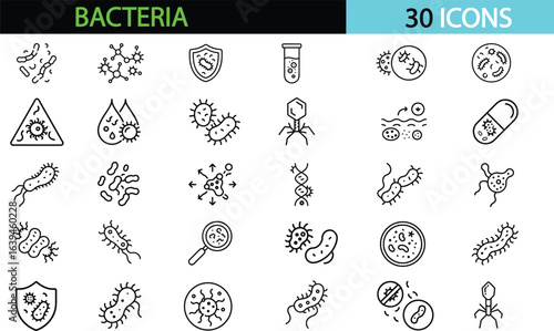 Bacteria line icon set. Contains icons Bacteria, Microbe, Virus, Colony of Bacteria, Petri Dish Editable stroke. Vector illustration transparent 