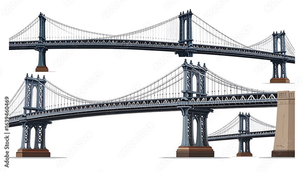 Fototapeta premium Three views of a suspension bridge.
