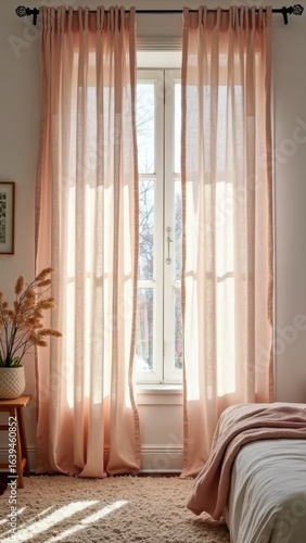 Sunlit bedroom window with sheer pink curtains and cozy decor