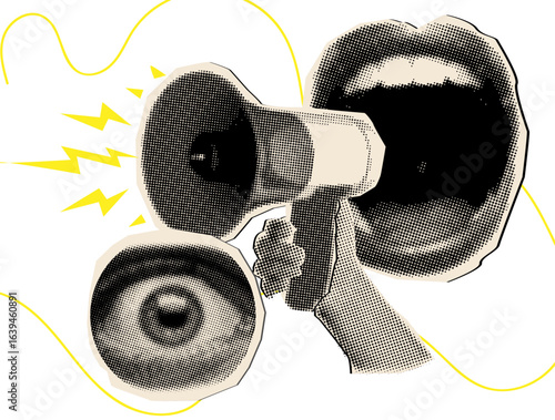 Halftone collage with shouting mouth,hand holding loudspeaker and scared eye,vintage collage element,cut out from magazine, trendy retro 90s magazine style