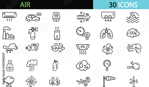Air icon set. Containing ventilation, air conditioner, fan, wind, breathe, CO2, pollution Editable stroke. Vector illustration transparent 