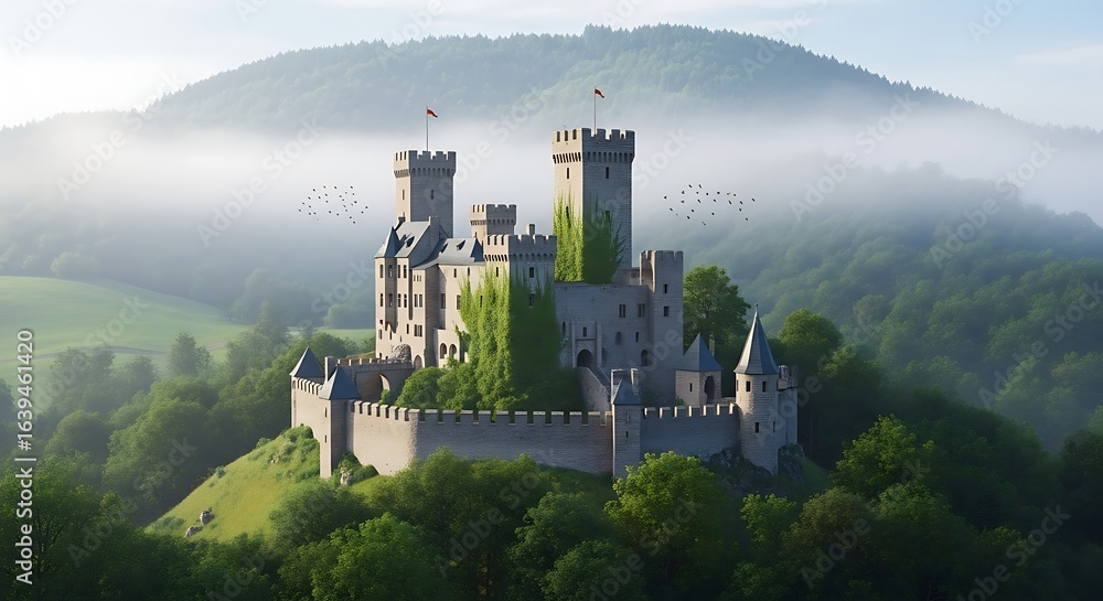 Obraz premium Photo of majestic medieval castle perched atop a hill, surrounded by lush green trees and morning mist