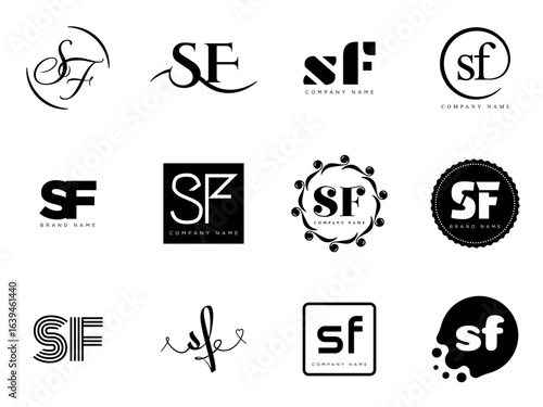 SF logo company template. Letter s and f logotype. Set different classic serif lettering and modern bold text with design elements. Initial font typography.