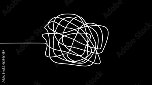 White animated scribble ball chaotic doodle line tangled in the center of black background, minimal motion design style shape used for stress, confusion, complexity or brainstorming animation themes